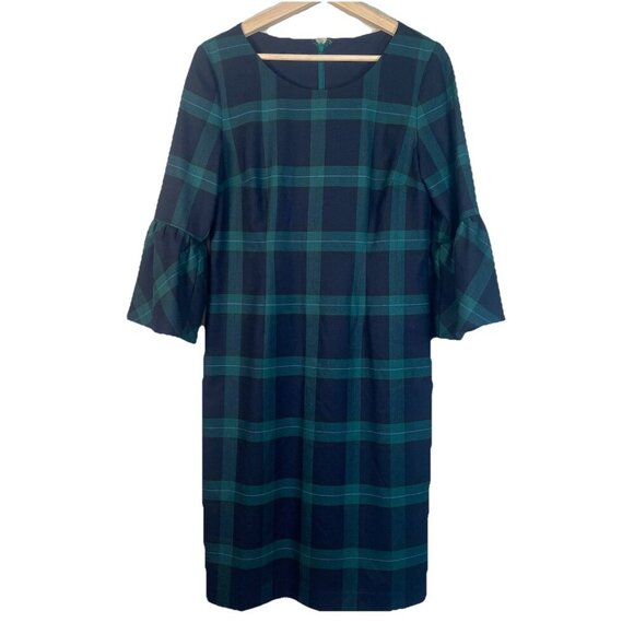 Talbots Black Watch Plaid 3/4 Sleeve Shift Dress Blue Green Size 6 Holiday Fall - Picture 2 of 11